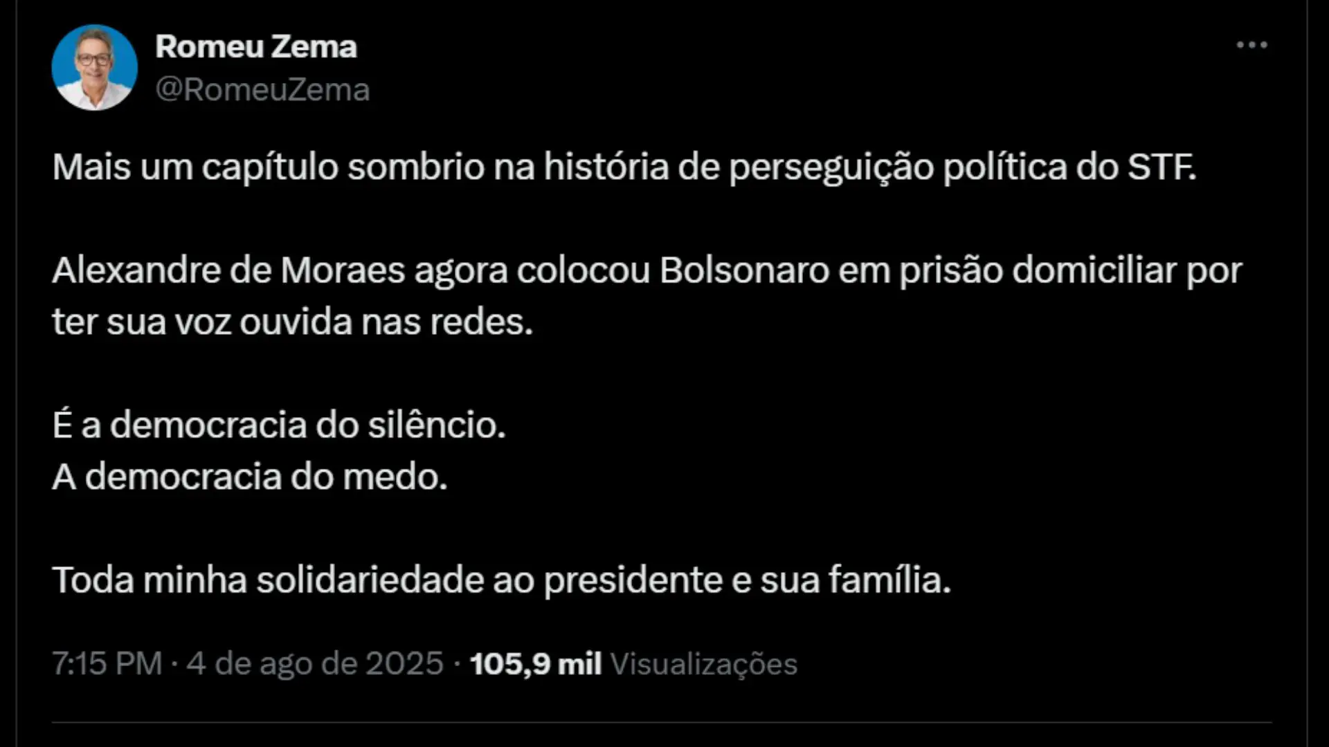 O governador Romeu Zema se pronunciou sobre a prisão de Bolsonaro no X