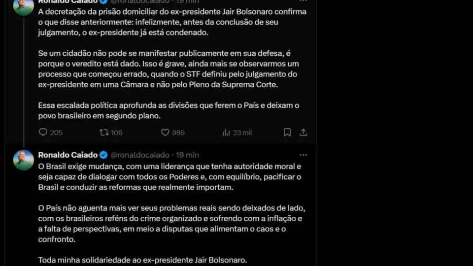 Em sua declaração, o governado Ronaldo Caiado também pediu solidariedade ao ex-presidente