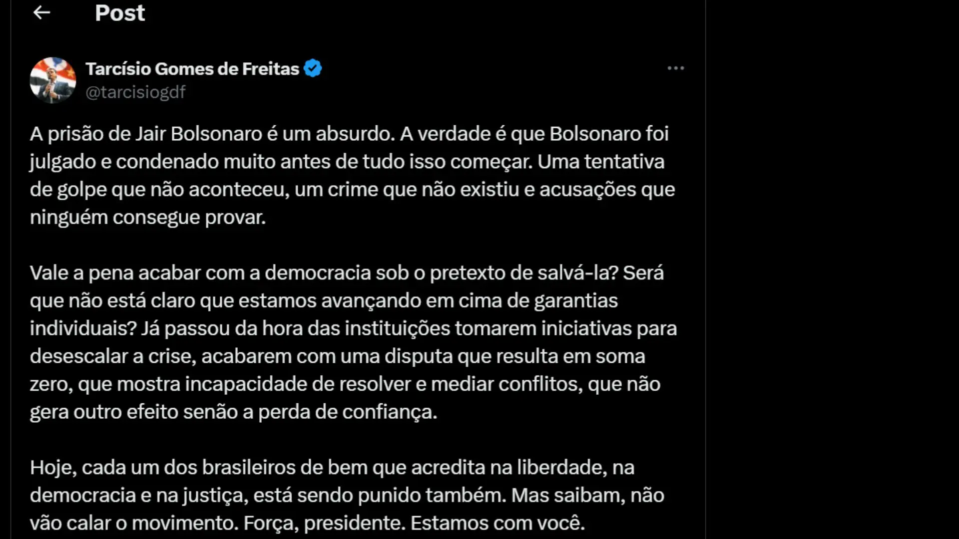 O governador Tarcísio de Freitas foi o último dos presidenciáveis a comentar sobre a prisão de Bolsonaro