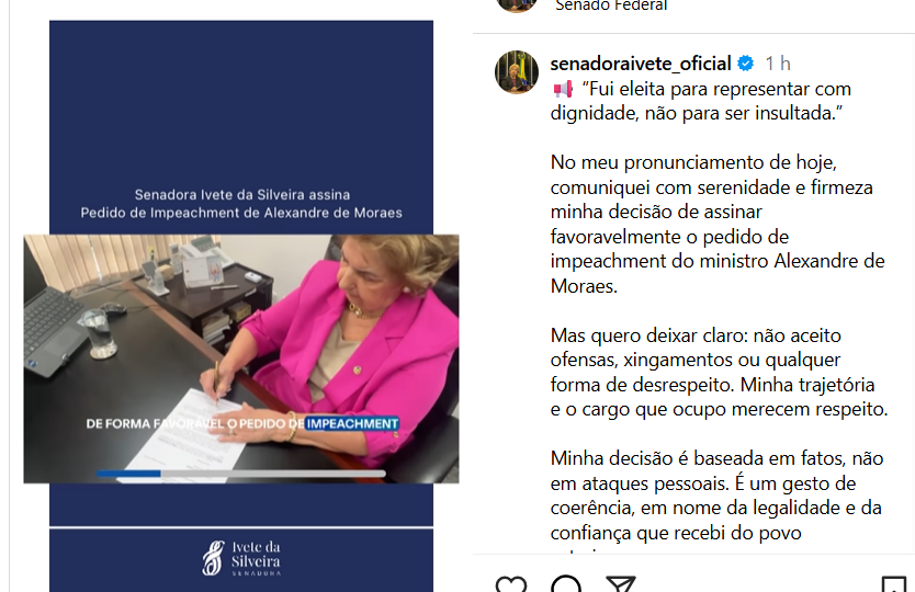 Senadora Ivete da Silveira (MDB-SC) assina pedido de impeachment de Alexandre de Moraes.