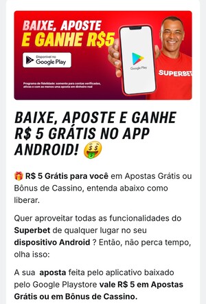 Captura de tela da oferta R$ 5 em Apostas Grátis no App, com o código promocional Superbet