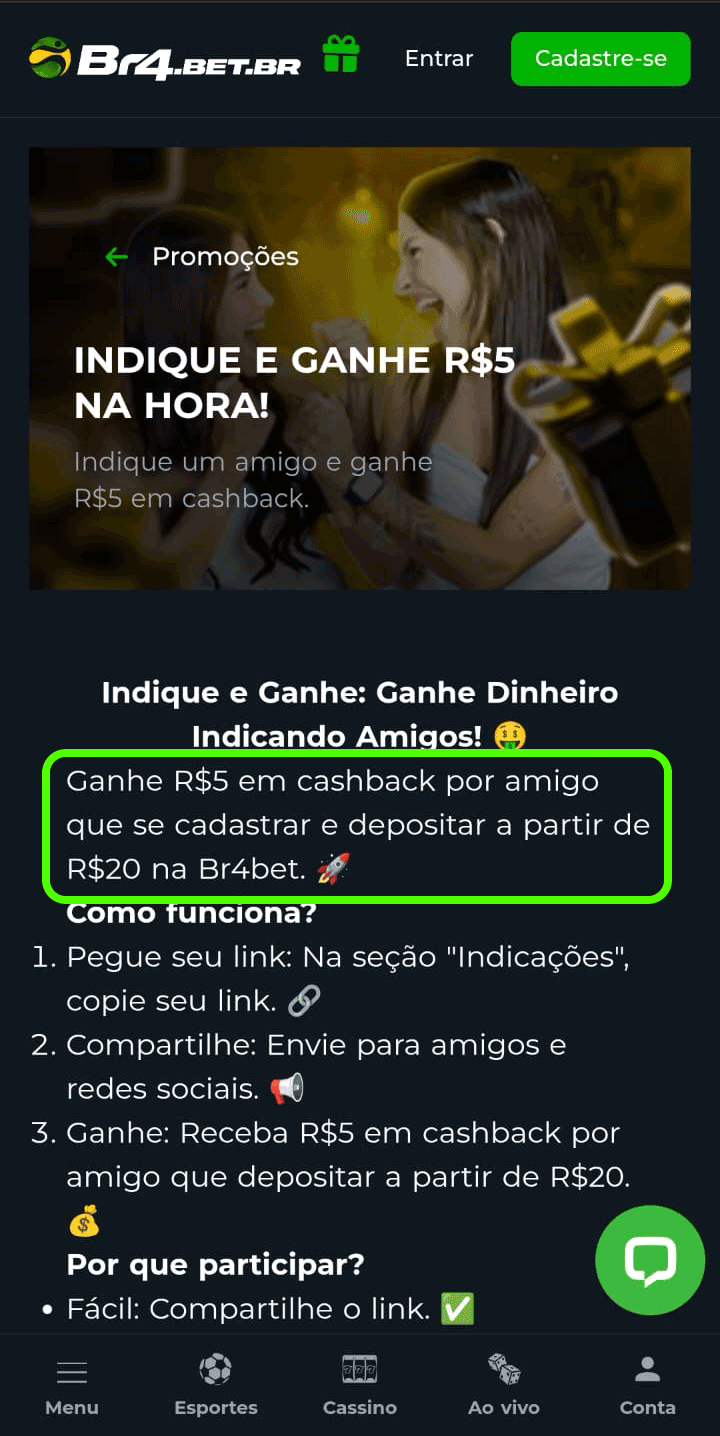 Página da promoção "Indique e ganhe R$5 na hora" da Br4Bet