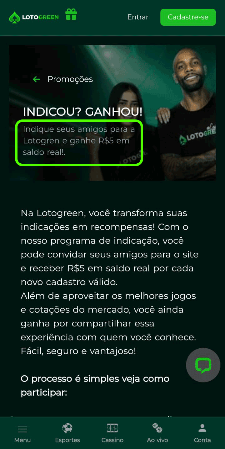 Página da promoção "Indicou? Ganhou" da Lotogreen