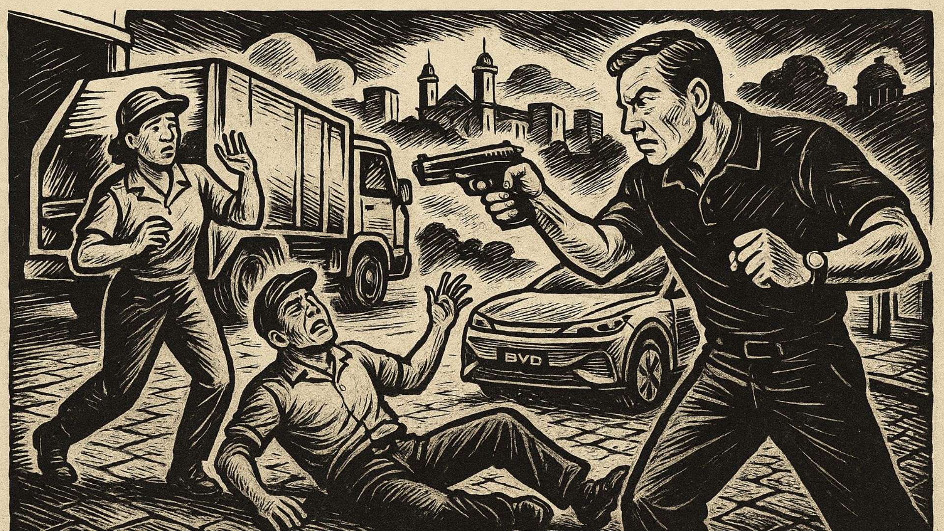 Representação gráfica do crime, como na imprensa marrom de antigamente.