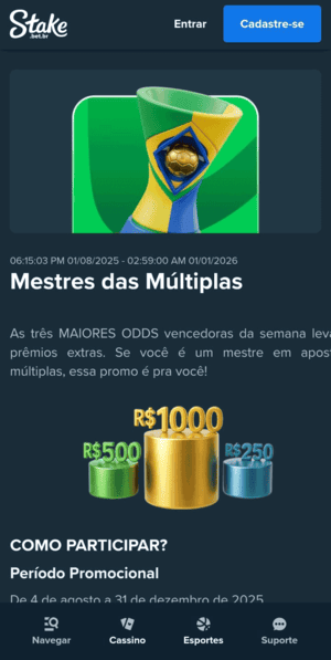 Oferta de cashback em múltiplas no Brasileirão na Stake