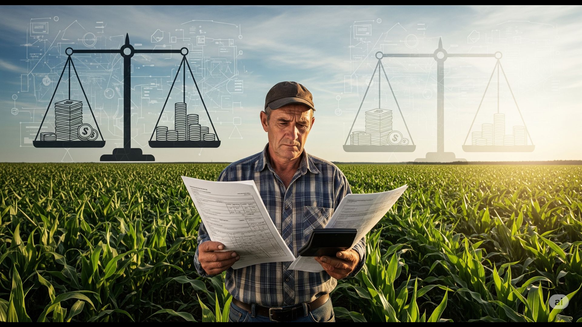 O produtor rural diante das complexas mudanças da Reforma Tributária. Enquanto analisa documentos e cálculos, ele busca entender os impactos nos custos e na competitividade de sua produção.