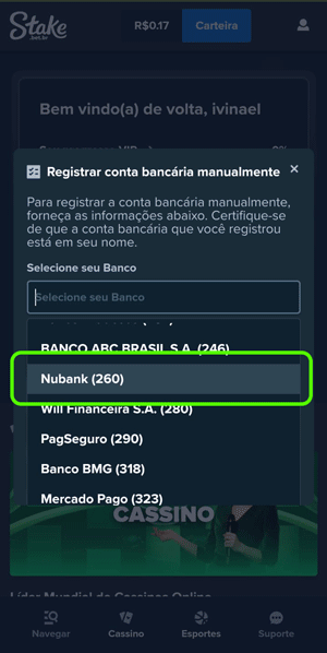 Registro na Stake com uma conta Nubank