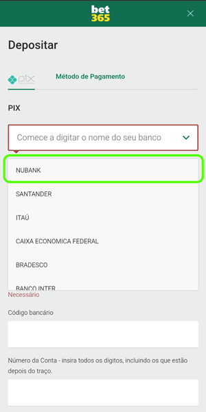 Registrando conta da Nubank na bet365 para depositar