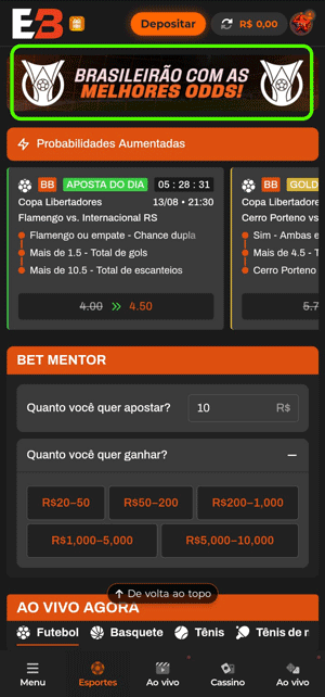 Seção de probabilidades aumentadas na Esportivabet