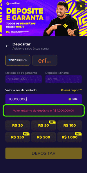 Depósito máximo de R$ 1 milhão na Multibet