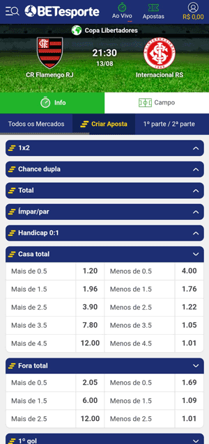Seção de Criar Aposta num jogo do Brasileirão na BETesporte