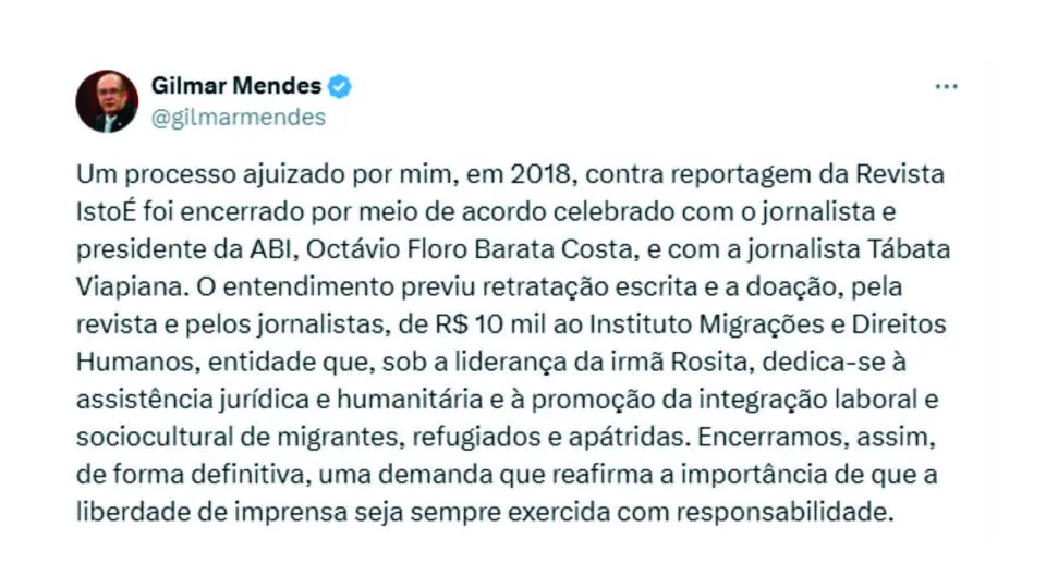 Gilmar Mendes fecha acordo para que jornalistas doem R$ 10 mil por danos morais em reportagem.