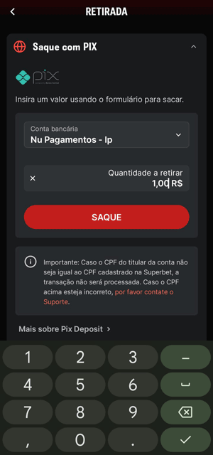 Sacando R$ 1 no app da Superbet
