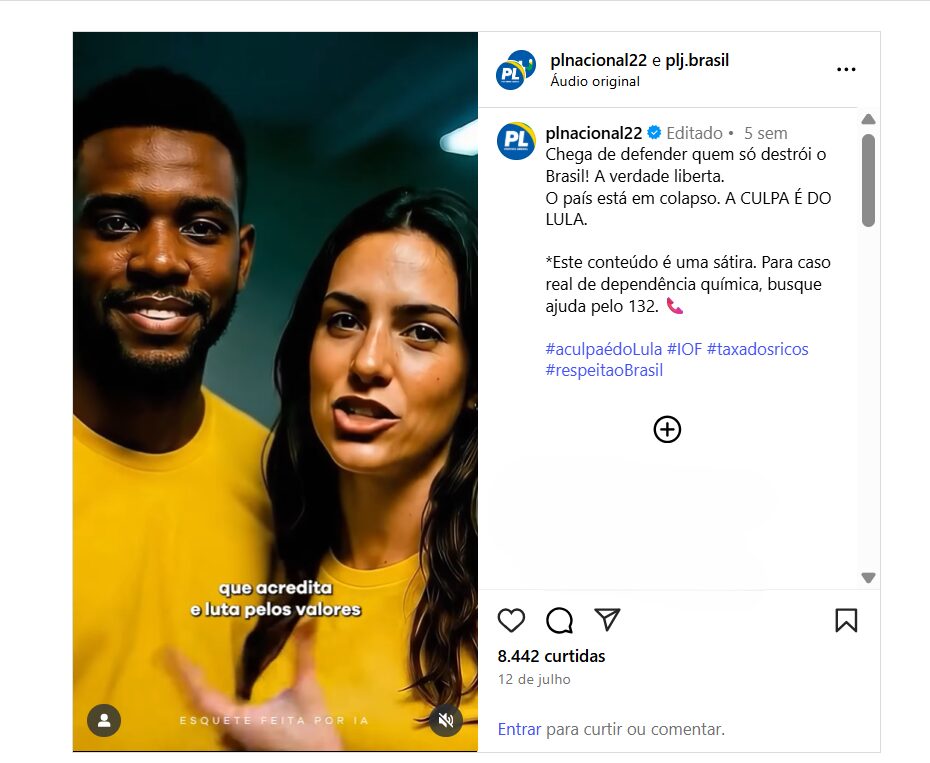 Juiz determinou a remoção do vídeo publicado no perfil do PL no Instagram, sob pena de multa, e classificou o conteúdo como “grotesco”.