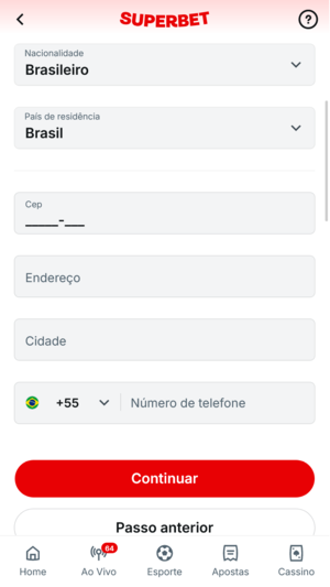 Passo 2 no cadastro da Superbet