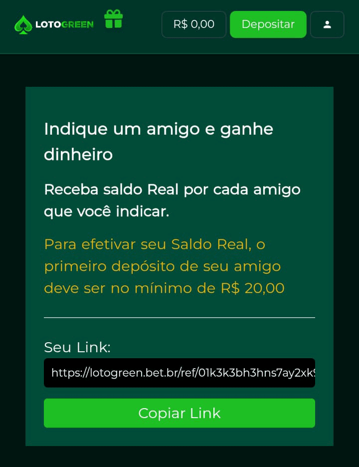 Seção da Lotogreen para copiar o link de indicação com bônus
