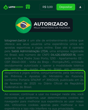 Rodapé do site da Lotogreen com a licença de funcionamento