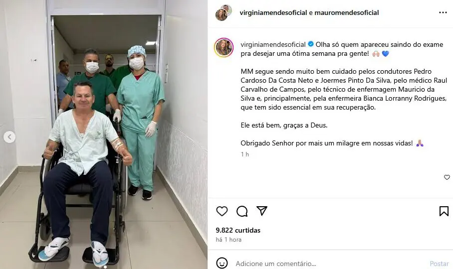 Virginia Mendes, primeira-dama do Mato Grosso, posta foto de Mauro Mendes e diz que família recebeu um milagre.