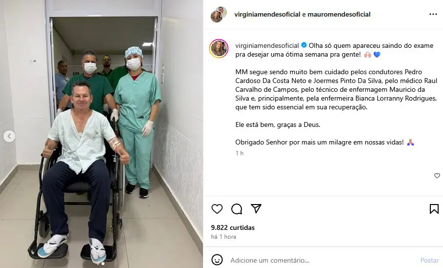 Virginia Mendes, primeira-dama do Mato Grosso, posta foto de Mauro Mendes e diz que família recebeu um milagre.