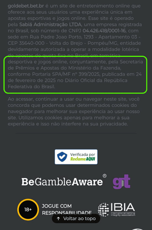 Licença de funcionamento legal da Gol de Bet no rodapé do site