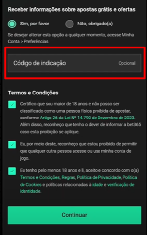 Código de indicação no cadastro da bet365