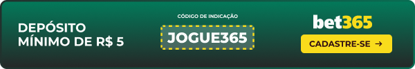 Depósito mínimo de R$ 5 - Código JOGUE365 - bet365