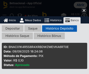 Comprovante de depósito de R$0,10 na Betnacional