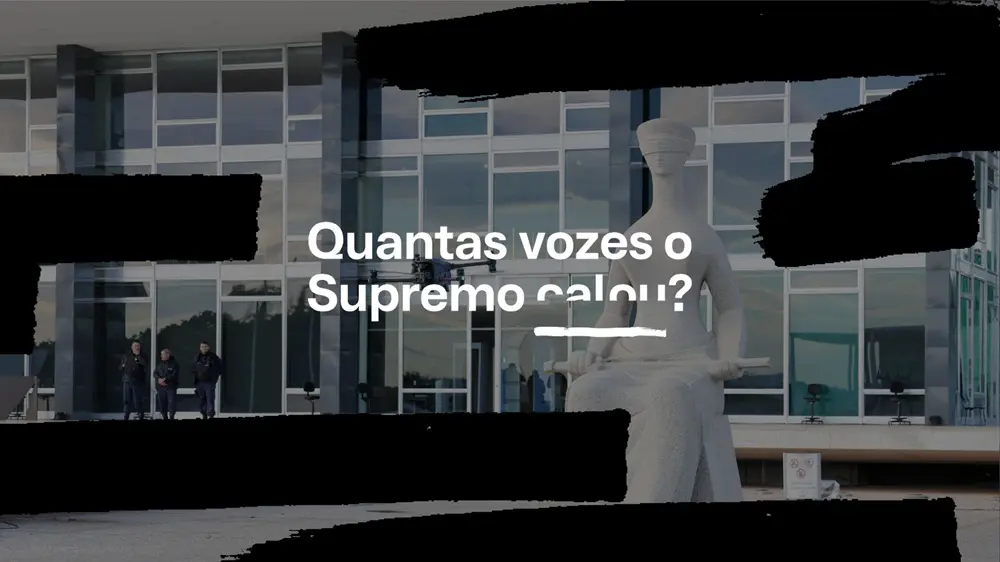Fachada do Supremo Tribunal Federal (STF) com a frase "Quantas vozes o Supremo calou?" sobreposta, em alusão ao debate sobre censura e os temores da direita para as eleições em 2026