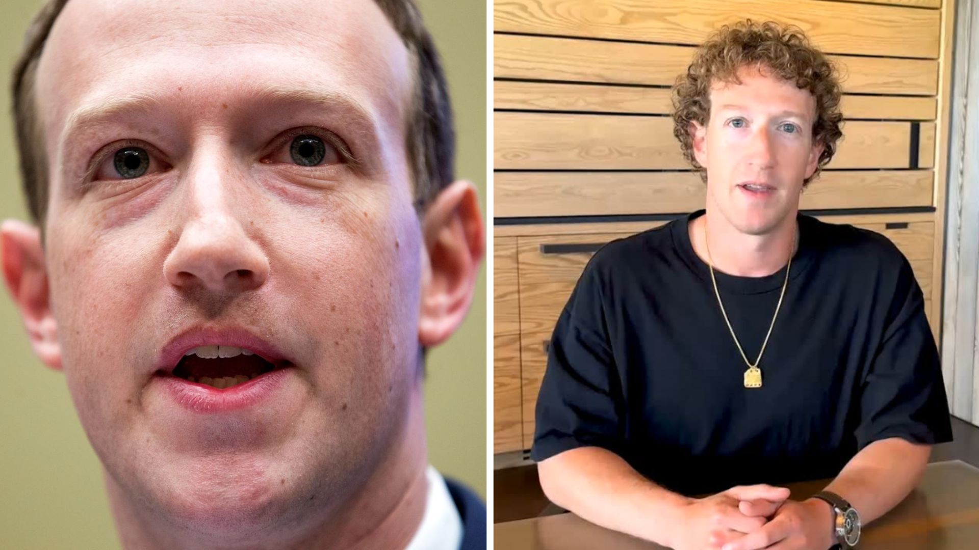 Mark Zuckerberg, fundador da Meta: a primeira foto é da audiência no Senado americano em 2018, e a segunda, deste ano