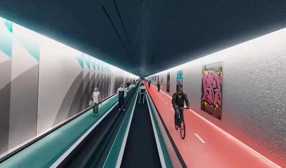 Túnel imerso terá área exclusiva para pedestres e ciclistas, equipada com esteiras rolantes e acessos por elevadores.
