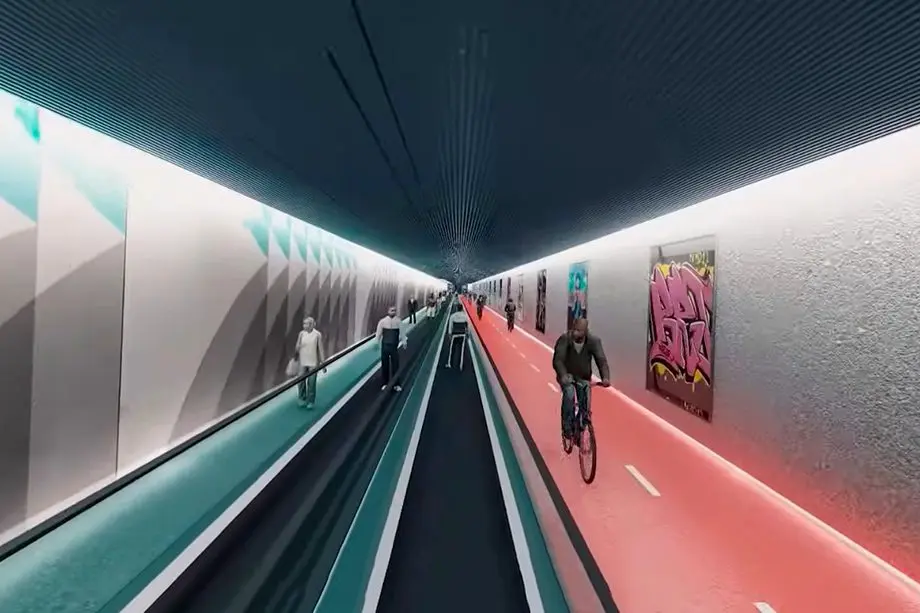 Túnel imerso terá área exclusiva para pedestres e ciclistas, equipada com esteiras rolantes e acessos por elevadores.