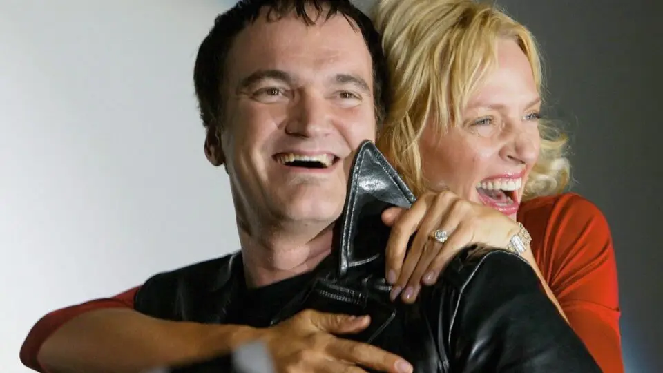 Quentin Tarantino e a atriz Uma Thurman na turnê de divulgação do primeiro Kill Bill