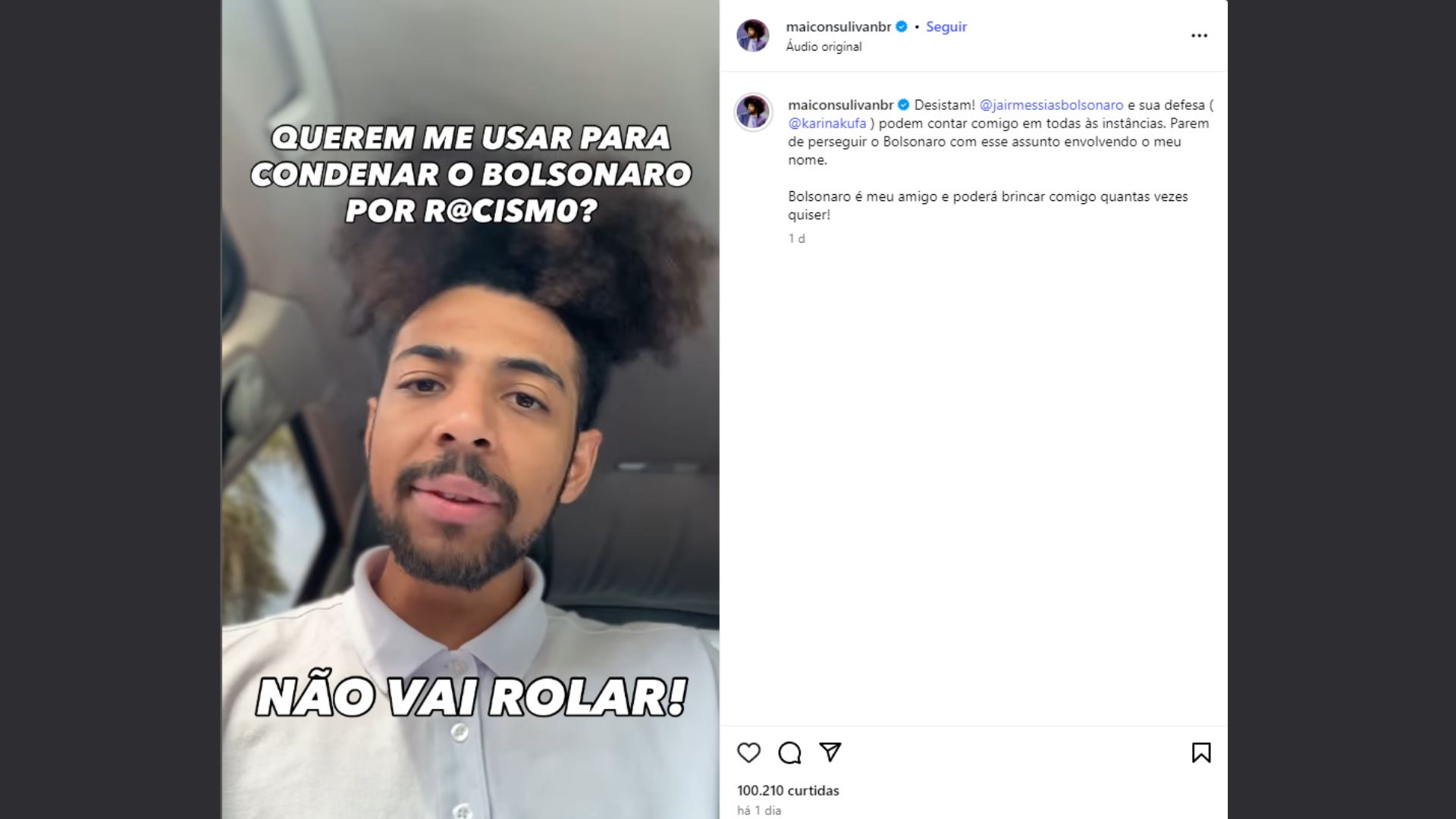 O influenciador Maicon Sulivan disse que estão usando-o para atacar ex-presidente Jair Bolsonaro