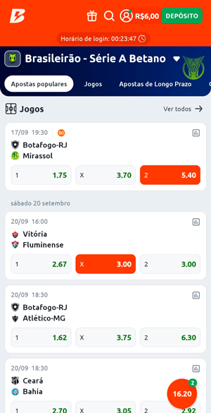 Interface de apostas esportivas no Brasileirão na Betano
