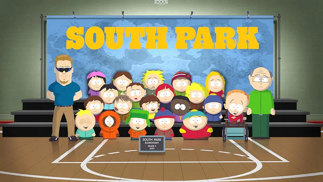 Os alunos da escola South Park reunidos para a foto da temporada 27