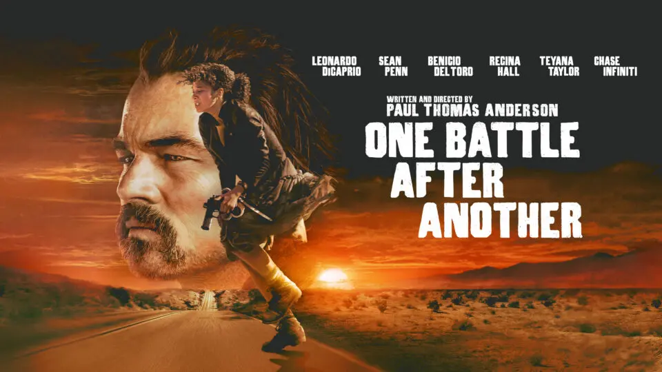 Cartaz de "Uma Batalha Após a Outra", com os atores Leonardo DiCaprio e Regina Hall em destaque