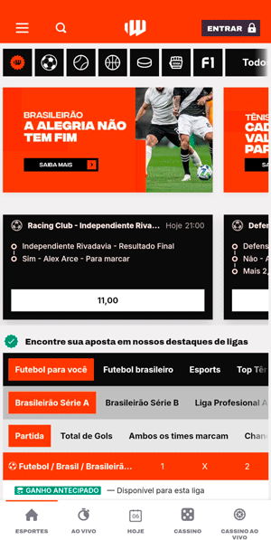 Seção de apostas da Betwarrior