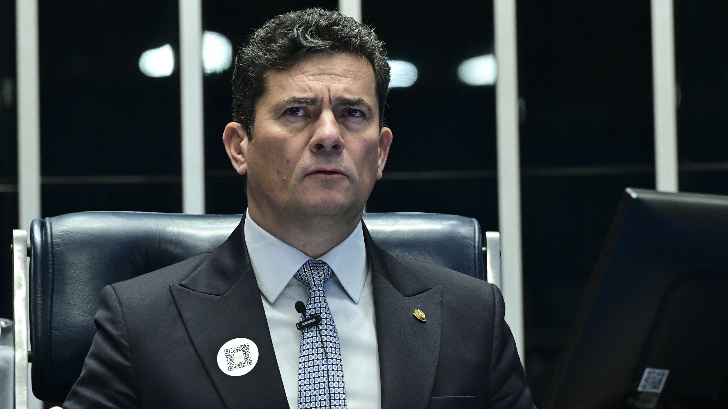 O senador Sergio Moro, durante sessão especial no Senado que homenageou as vítimas do Hamas, dois anos após o ataque de 7 de outubro de 2023.