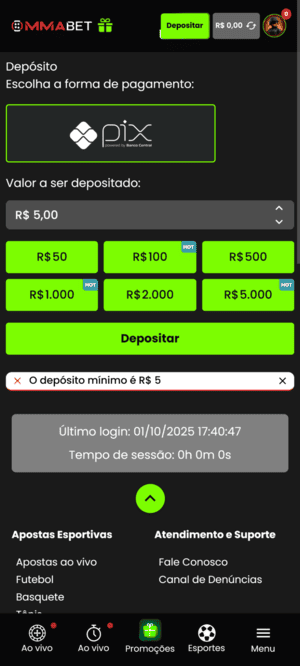 Tela de pagamentos da MMABet