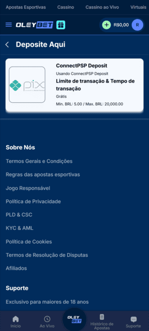 Tela inicial Oleybet