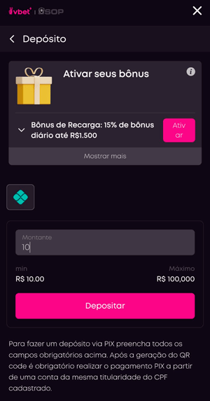 Página de depósito na VBET
