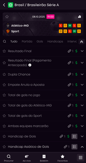 Mercados de apostas em jogo do Brasileirão na VBET