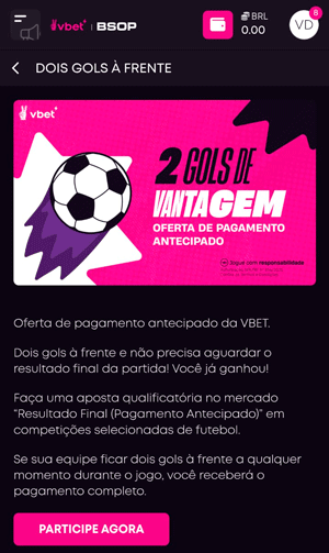  Página da oferta 2 Gols de Vantagem na VBET
