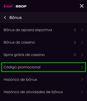 Seção de bônus onde pode inserir o código promocional VBET
