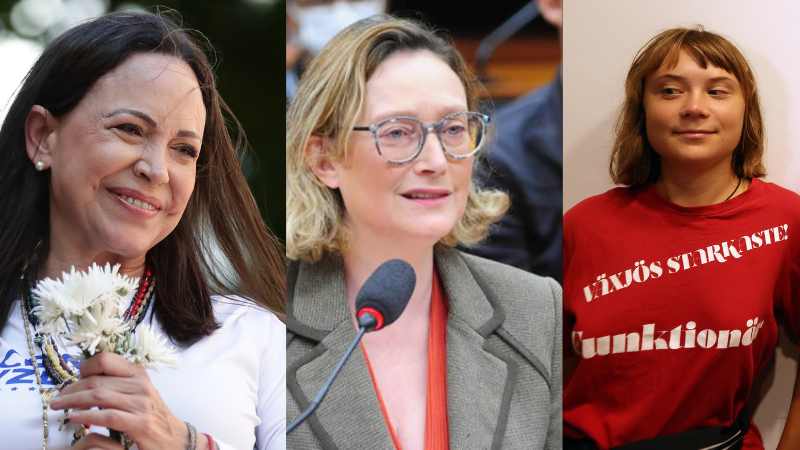 Ideologia: da esquerda para a direita, María Corina Machado, Maria do Rosário e Greta Thunberg. Maria do Rosário critica o fato de que o Nobel da Paz foi dado a Corina, e não a Greta.