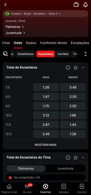 Opções de palpites em Over/Under em Escanteios