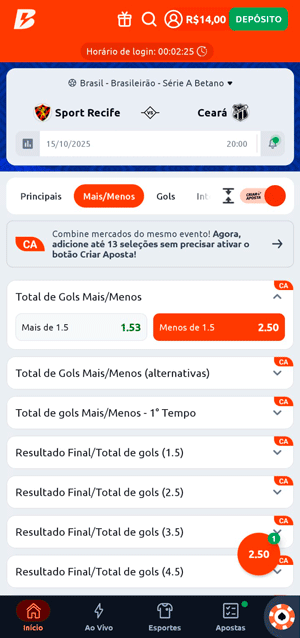 Seção de apostas em Mais/Menos com Criar Aposta na Betano