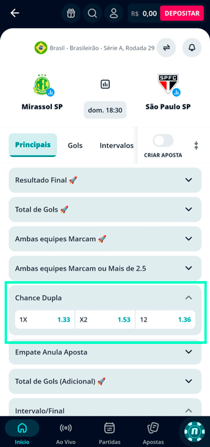 Seção de apostas no Brasileirão com Chance Dupla na Novibet
