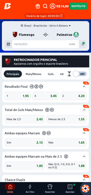 Mercados em um jogo do Brasileirão na Betano