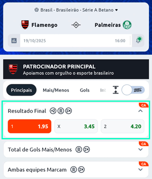 Odds no Resultado Final na Betano, capturado: 14/10/2025
